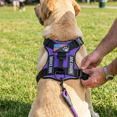 labrador assis herbe avec harnais chien violet