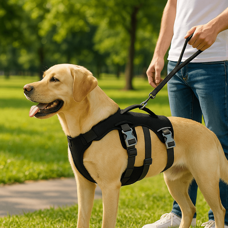 labrador avec harnais chien noir dans le parc