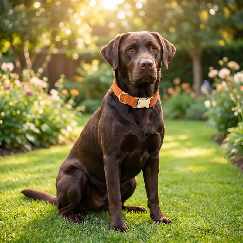 labrador chocolat portant collier chien orange velours assis jardin