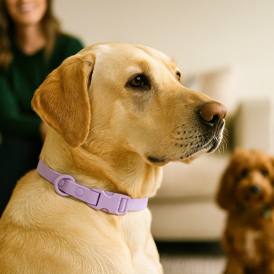 labrador de profil portant collier pour chien violet