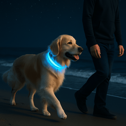 labrador promene soir maitre collier chien lumineux bleu