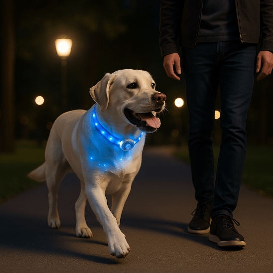labrador se promene collier lumineux pour chien bleu