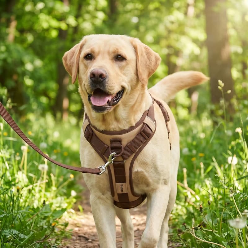 laisse accrochée anneau frontal harnais chien anti traction sur labrador