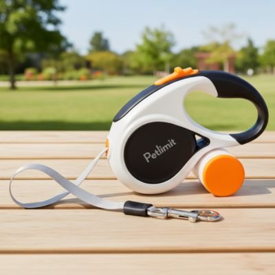 laisse chien enrouleur noir posee sur un banc dans parc