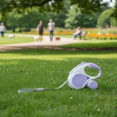 laisse chien enrouleur violet posee sur herbe parc