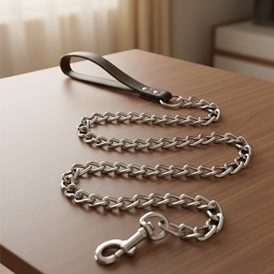 laisse pour chien en chaine sur table en bois