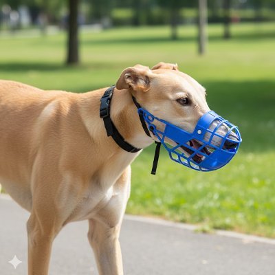 levrier beige dans parc avec muselière chien bleu
