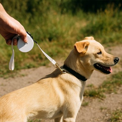 main tient laisse enrouleur chien blanc attachee sur chien beige