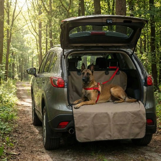 malinois allonge coffre voiture attache avec laisse chien rouge foret