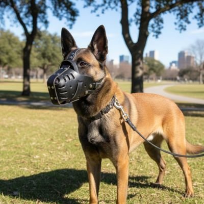 malinois debout sur herbe parc avec muselière en cuir noir
