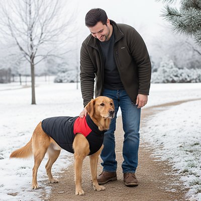 manteau chien rouge sur golden avec homme dans parc enneige