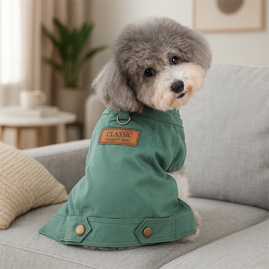manteau chien vert sur chien assis de dos sur fauteuil