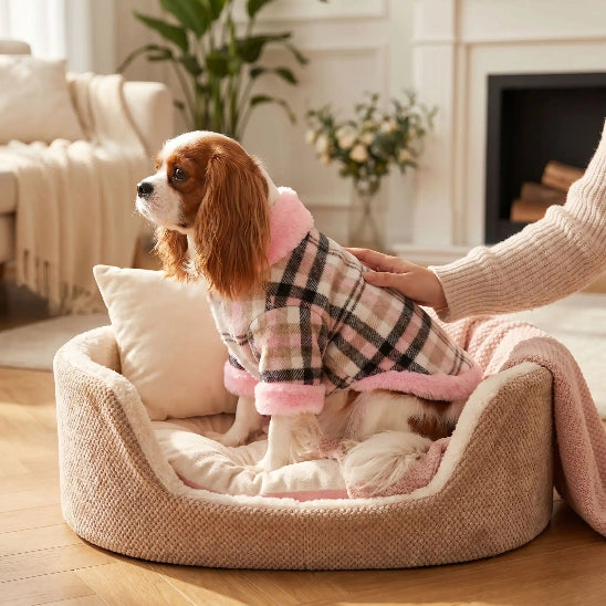 manteau pour chien rose sur cavalier king charles assis panier