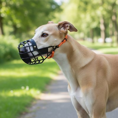 muselière chien noir sur levrier beige dans parc