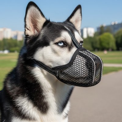 museliere pour chien noir sur husky dans parc