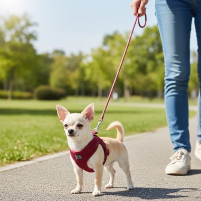 personne promene chihuahua portant harnais chiot bordeaux dans parc