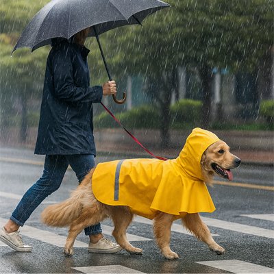 personne promene golden avec imperméable pour chien jaune sous pluie