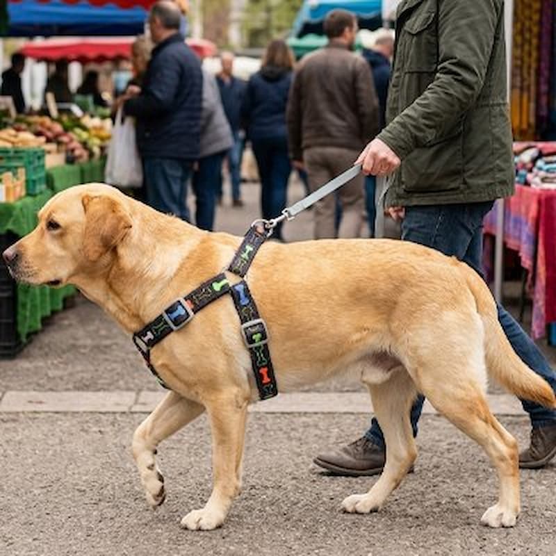 personne promène labrador portant harnais chien noir dans marche