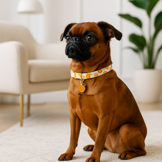 petit brabancon assis salon avec collier chiot motif orange