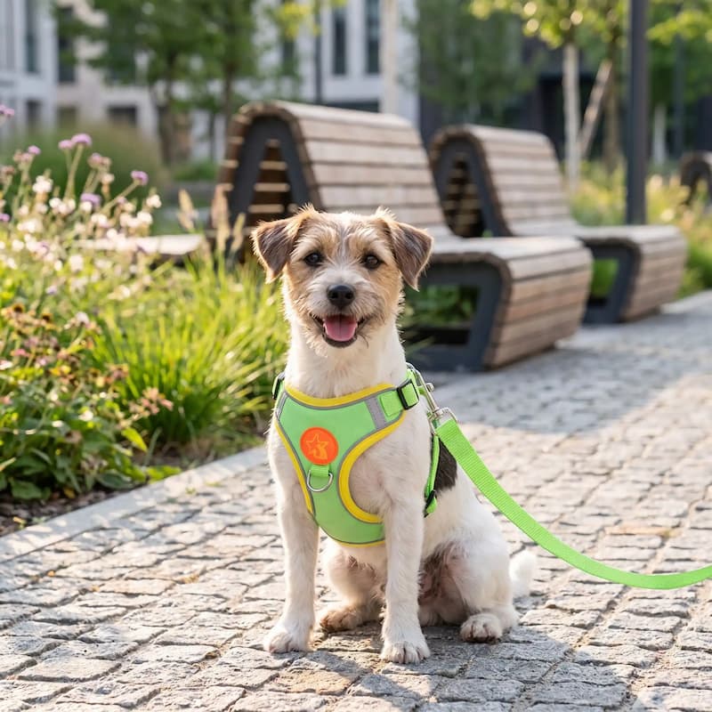 petit chien assis avec harnais pour chien vert et laisse