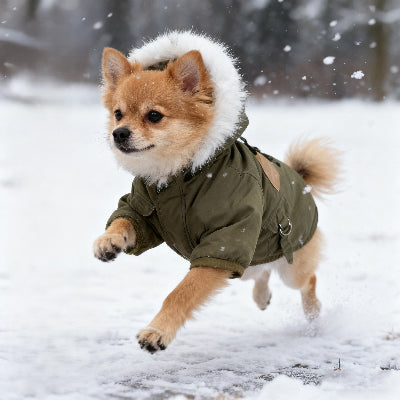 petit chien court dans neige avec manteau pour chien vert