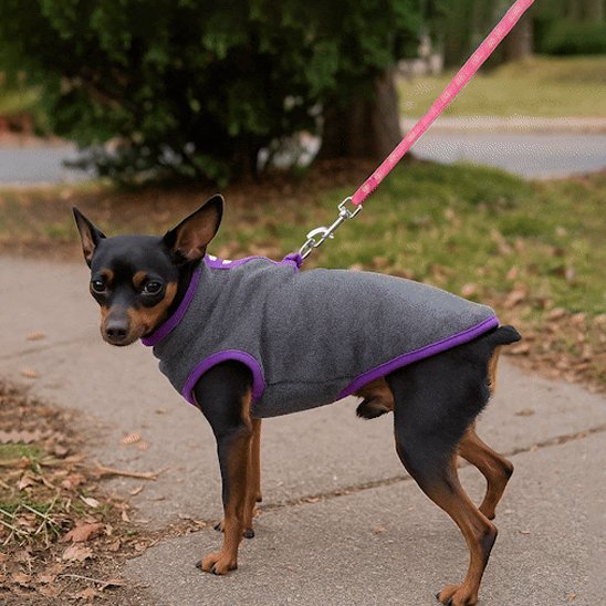 pinscher de profil tenu en laisse porte manteau chien gris