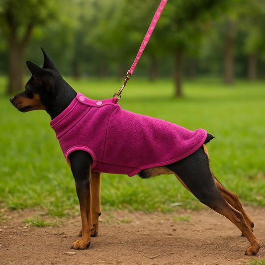 pinscher debout de profil avec manteau chien rose