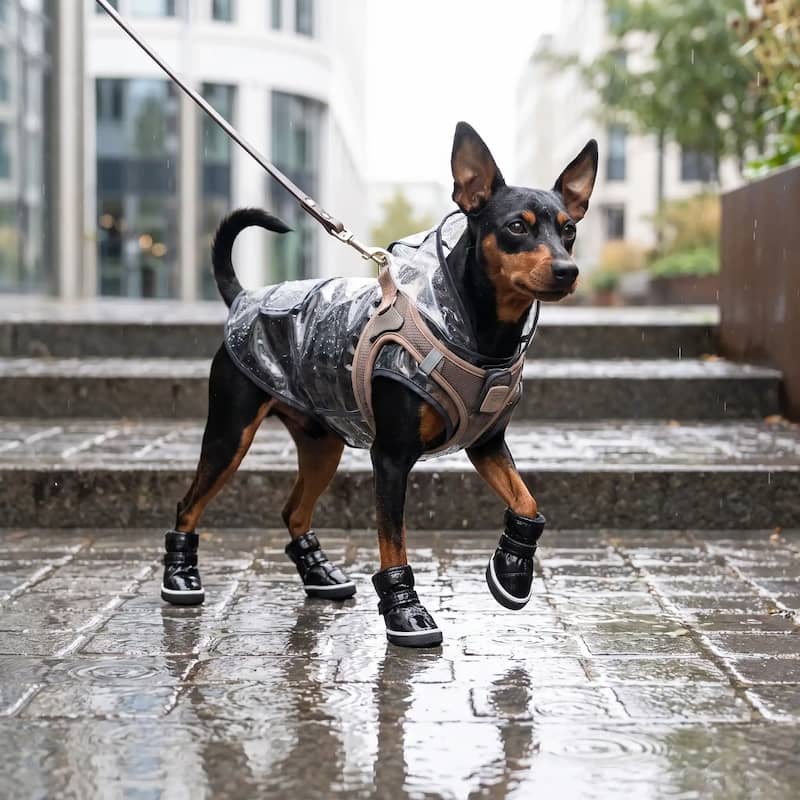 pinscher marche sous pluie avec chaussures pour chien noir
