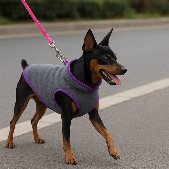 pinscher tenu en laisse sur route avec manteau chien gris