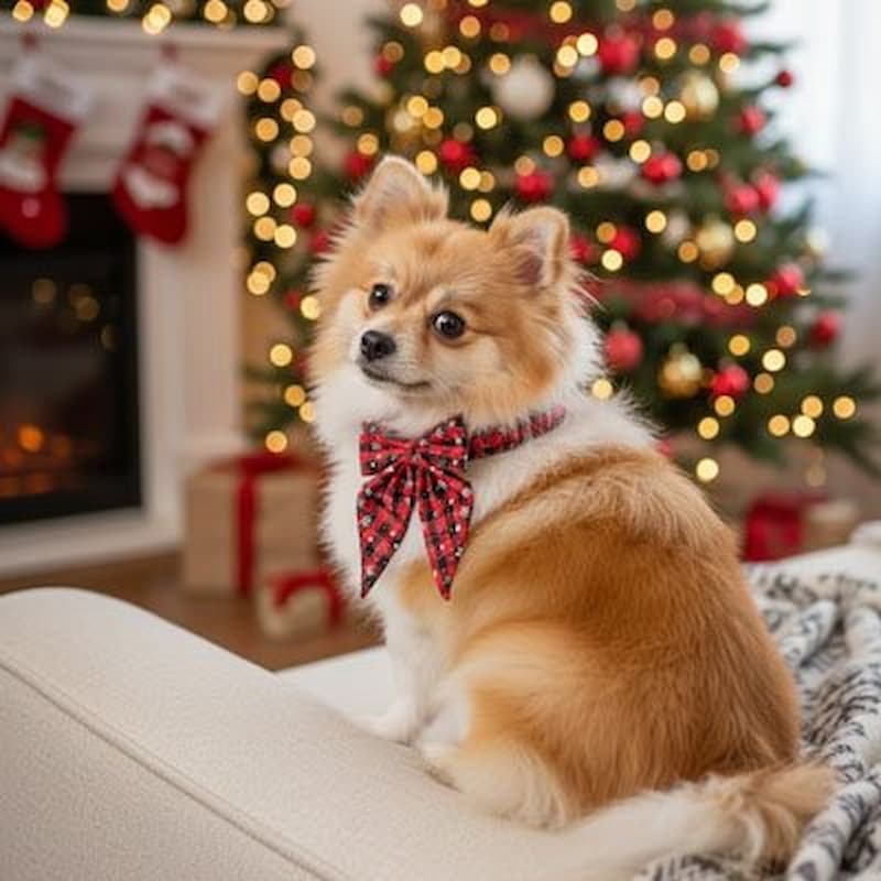 poméranien collier chien nœud carreaux et flocons devant sapin noël