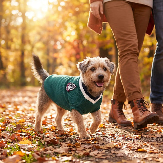 promenade automne chien portant pull pour chien vert