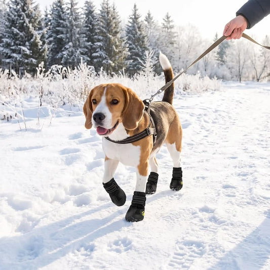 promenade beagle portant chaussure chien noir dans neige