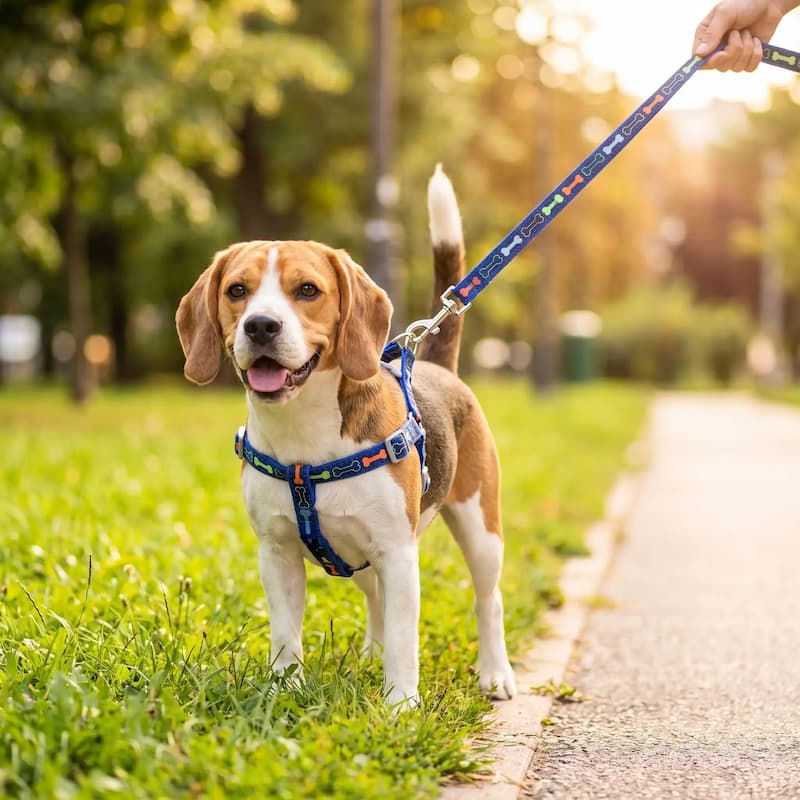 promenade beagle portant harnais chien bleu motif os