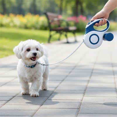 promenade bichon dans parc laisse pour chien enrouleur bleu