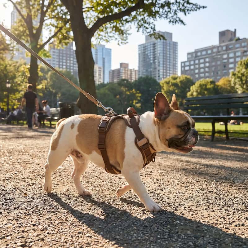 promenade bouledogue français portant harnais chien anti traction