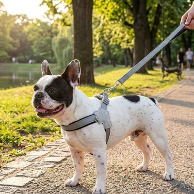 promenade bouledogue francais portant harnais pour chien noir