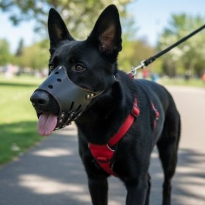 promenade chien noir avec muselière pour chien noir