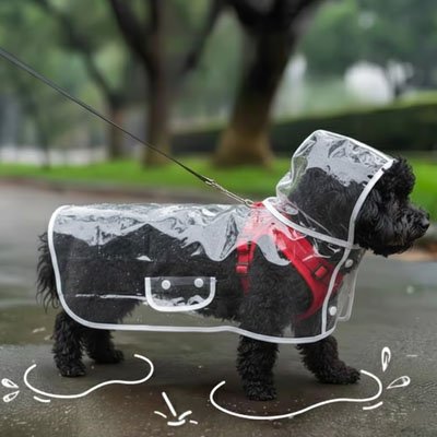 promenade chien noir dans parc avec imperméable chien
