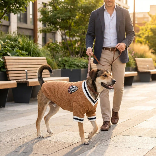 promenade chien ville avec pull pour chien camel