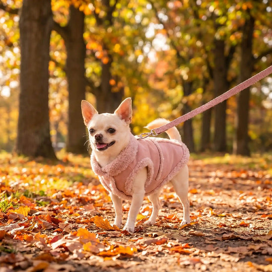 promenade chihuahua dans parc en automne avec manteau chien rose