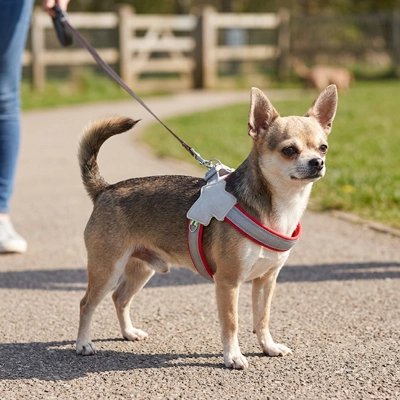 promenade chihuahua portant harnais pour chien rouge dans parc