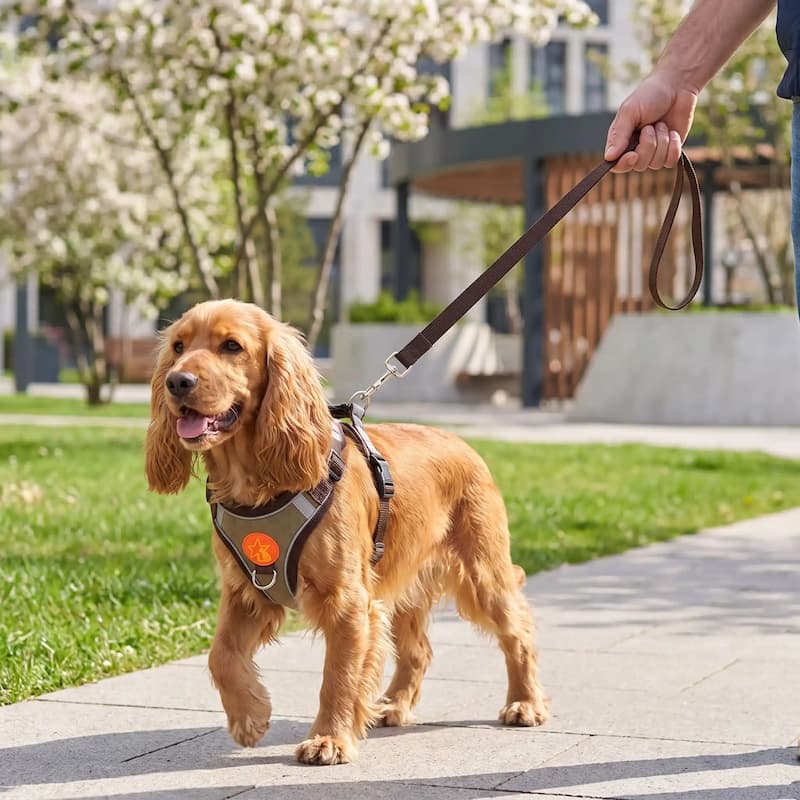 promenade cocker portant harnais pour chien marron parc urbain