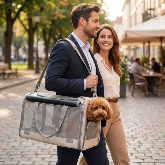 promenade couple avec caniche sac pour transport chien bandoulière