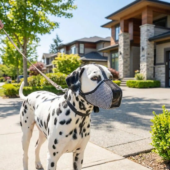 promenade dalmatien dans lotissement avec museliere pour chien blanc