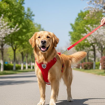 promenade golden retriever portant harnais pour chien rouge parc