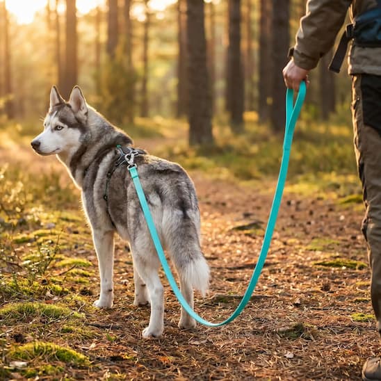 promenade husky longe chien turquoise en foret