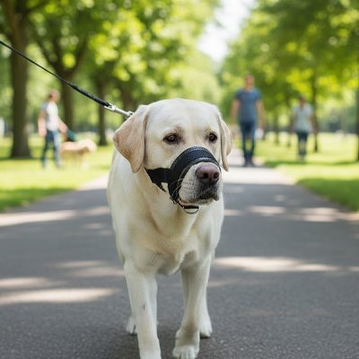 promenade labrador sable dans parc avec muselière noir