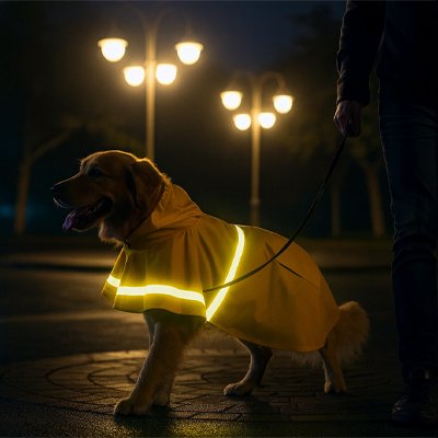 promenade nocturne golden retriever avec imperméable pour chien reflechissant