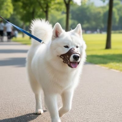 promenade samoyede dans parc avec muselière pour chien cafe