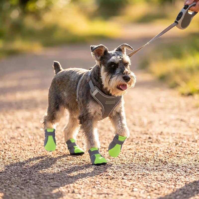 promenade schnauzer gravier portant chaussure chien vert fluo